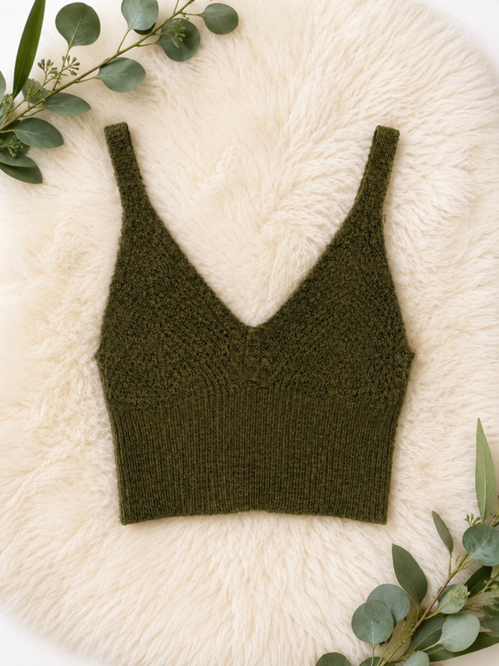 Olive Knit V-Neck Cropped Tank Top